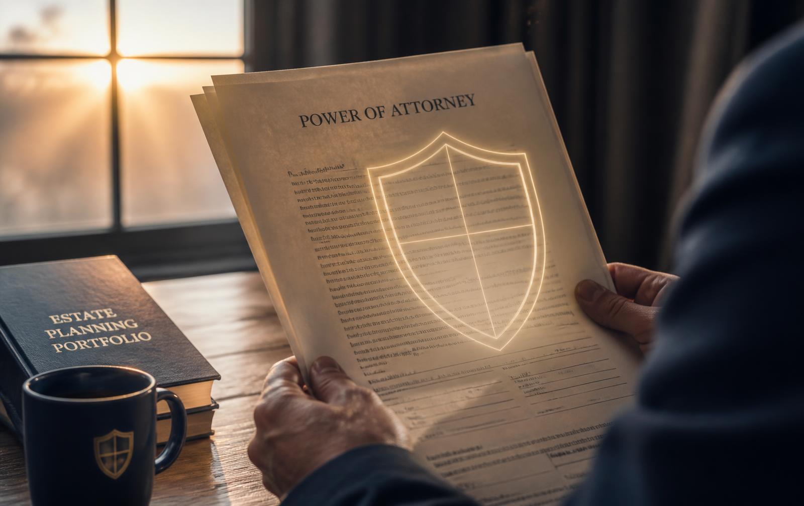 A person reviewing official case papers at a table in early morning light